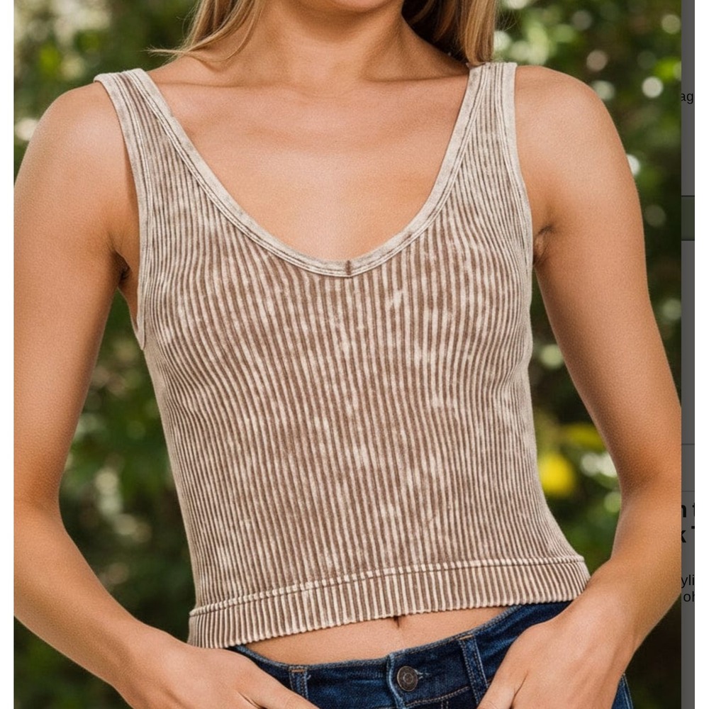 Zenana S/M reversible Mineral Wash Ribbed V-Neck Seamless Tank Mocha 6185A New